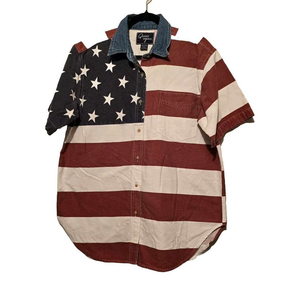 Vintage 'Let's Quizz Again' Shirt Mens LG Patriotic Flag Red White Blue America
